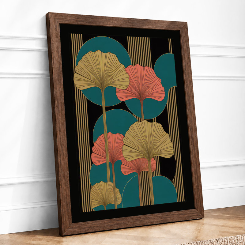 Lotus in Stripes Art Deco - Framed Print, A3 - 42.0 x 29.7 cm, Walnut