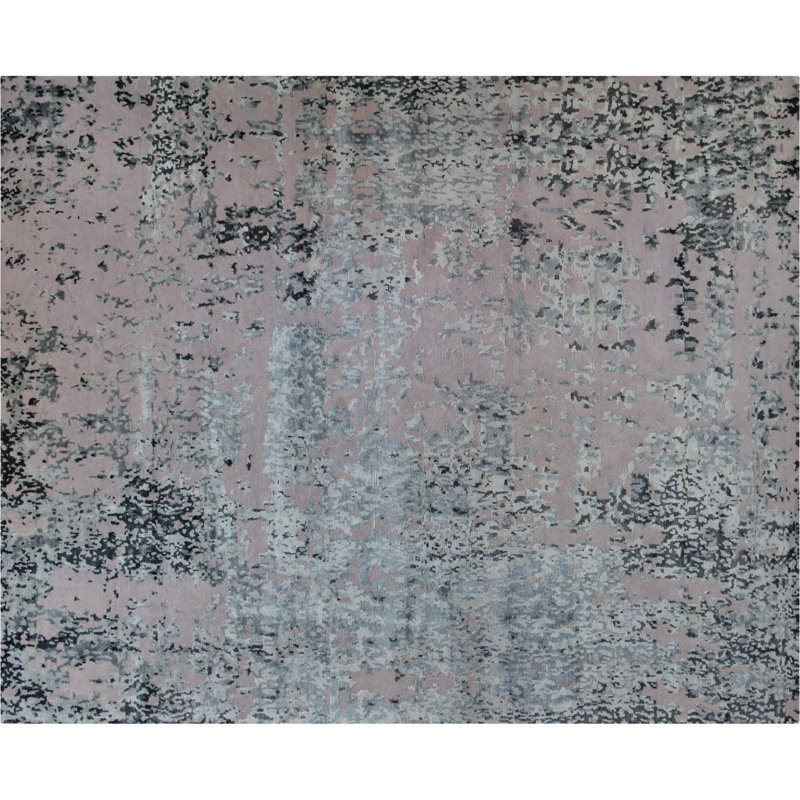 Tapis unique en viscose noué à la main argenté / bleu 12 pi x 14 pi 9 po