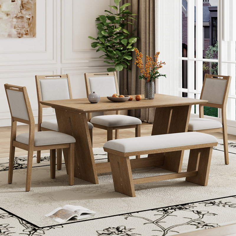 6-Piece Retro Dining Set, 1 Rectangular Table with 4 Upholstered Chairs and 1 Bench, Natural Wood Wash