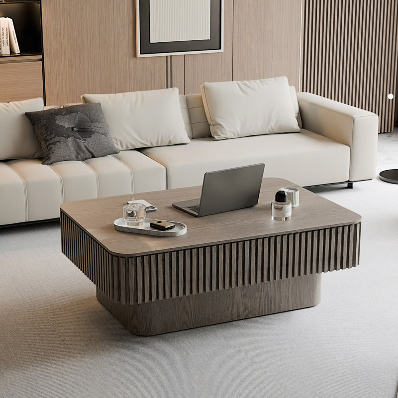 Table basse 38,6 po à plateau relevable cannelé avec placage en bois massif et table d'appoint moderne avec rangement et hauteur réglable pour le salon, la chambre à coucher, un appartement ou un bureau