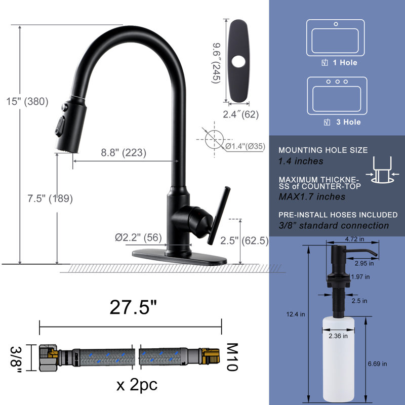 15,3 po Robinet de cuisine à poignée simple avec douchette extractible 360 ° et distributeur de savon noir mat