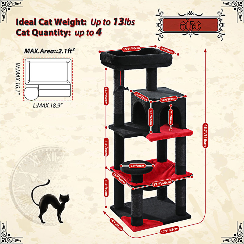 Arbre à chat gothique avec très grand hamac, tour à chat 45,7 po avec lit en cercueil, maisonnette pour chat, poteaux à griffes en sisal et perchoir supérieur, arbre à chat gothique à plusieurs niveaux, Halloween