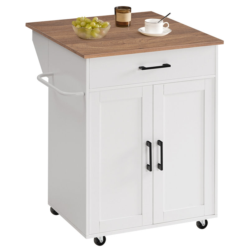 Insken 33.3" Rolling Kitchen Island Cart with Storage and Drop Leaf, White/Brown