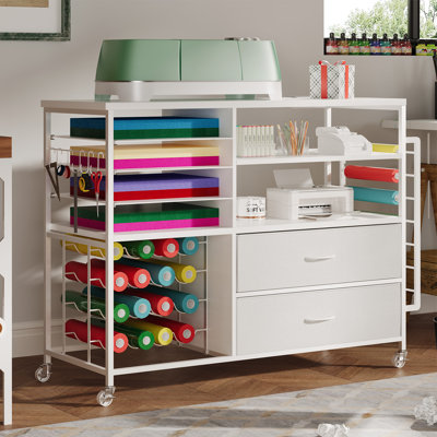 40.81" Craft Storage Cart; Multifunctional Mobile Minimalist Crafting & Sewing Table with Power Outlet and Drawers