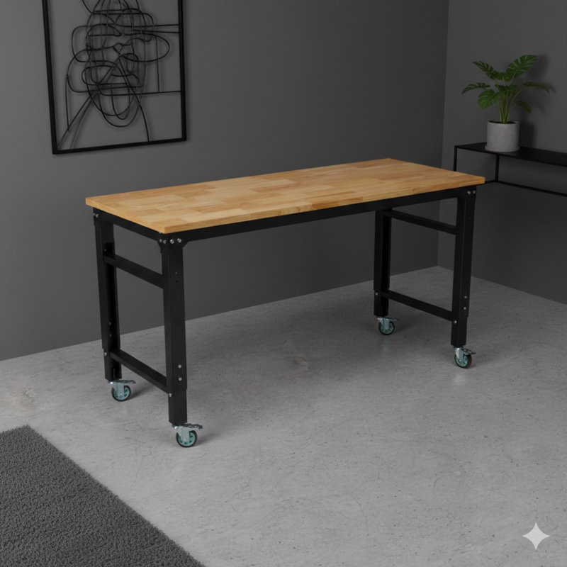 Workbench – 60" Wide Rolling Workbench For Garage – Height Adjustable, Workshop Tool Bench, Metal Frame With Rubber Wood Top, Black Hammertone Legs