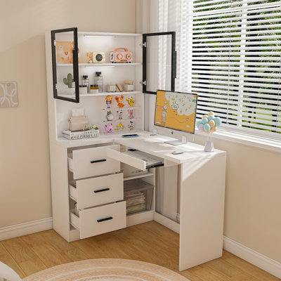 Bureau d'ordinateur avec armoires en verre et lumières DEL intégrées, bureau de coin en L avec ports de chargement USB, plateau à clavier, conception ergonomique pour les espaces de travail à domicile et en entreprise (blanc)