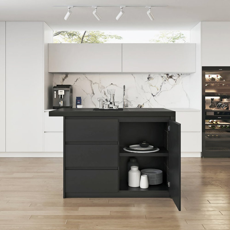 Modern 50" Wood Kitchen Island With Drawers & Cabinets, Black, Black