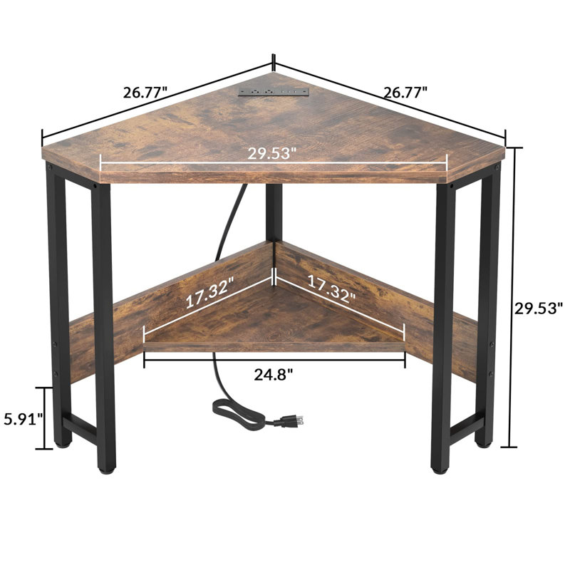Danielys Corner Metal Base Writing Desk with Power Outlet, Rustic Brown