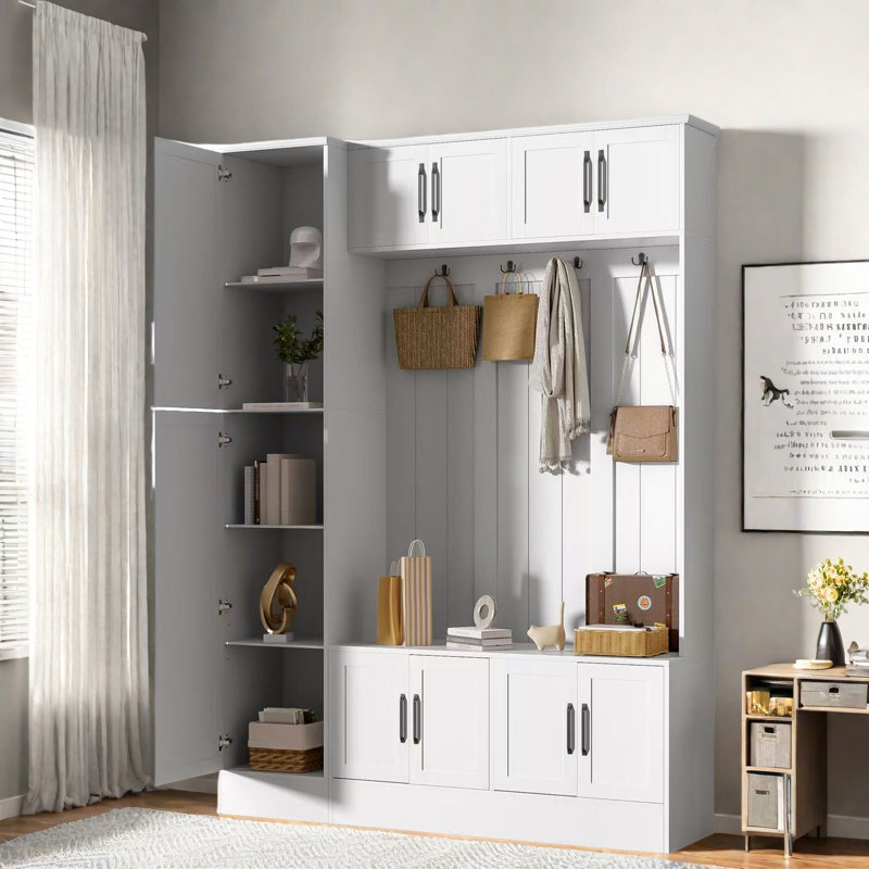 4-in-1 Tall Modern Hall Tree With Shoe Storage,  Cabinets, Coat Hooks, Metal Handles And Adjustable Shelves, White