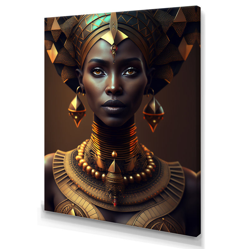 Eliyahna, reine afro-américaine avec bijoux traditionnels IV sur toile, H 32 po x l 16 po x P 1 po, Toile tendue