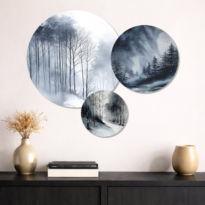 Brouillard d'hiver, forêt, paysage gris et blanc - ensemble d'art mural en métal Nature
