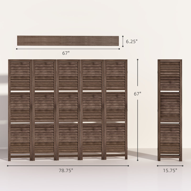 Paravent, grand écran d'intimité en bois à 5 panneaux de 67 po avec 3 tablettes de présentation et rangement pliant pour la chambre à coucher ou le bureau personnel, noyer