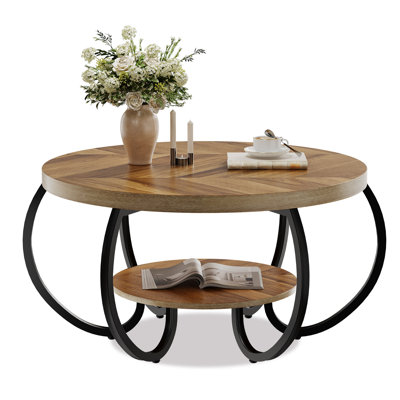 Round Coffee Table 30" Center Table, 2-Tier Coffee Table Industrial Accent Tables with Adjustable Feet, Living Room Tables with Storage Shelf and Desi by 17 Stories