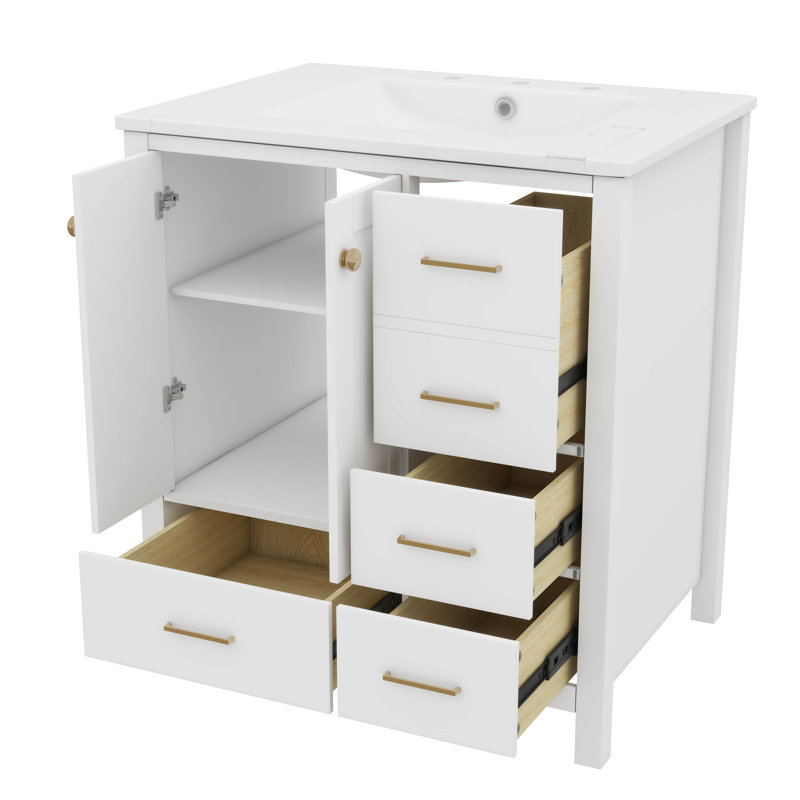 Meuble-lavabo de 30 po avec lavabo en céramique, solution de rangement autoportante avec 4 tiroirs, Blanc