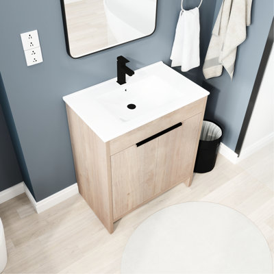 30" Freestanding Bathroom Vanity With White Ceramic Sink. 2 Soft-Close Cabinet Doors. Modern Design. Plain Oak. Plywood. Adjustable Shelf. Metal Handles For A Classy Thing Style. Modern. Charming