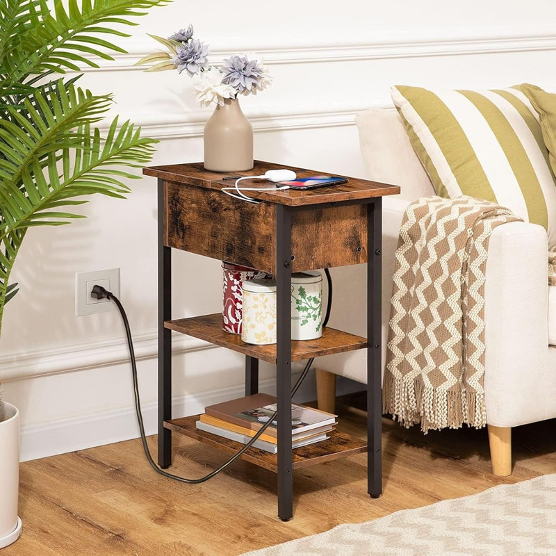 Table de bout avec station de charge, table d'appoint étroite, table de chevet rabattable avec ports et prises USB, tables de chevet avec tablette pour petits espaces, salon, brun rustique BF341BZ01