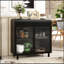 Buffet moderne avec portes en verre trempé figuré, dessus rabattable, tablettes intérieures, console de rangement à cadre en métal pour la salle à manger, la cuisine, le salon et le vestibule