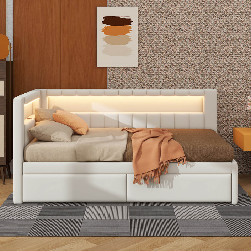 Lit plateforme entièrement rembourré avec ports USB, bande à DEL et lit gigogne, Simple, Blanc