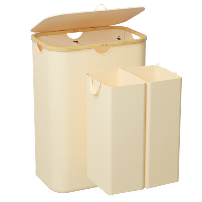 Panier à linge à 2 sections avec couvercle et sacs amovibles, panier à linge pliable de 160 L avec poignées en bambou, pour chambre à coucher, salle de bain, dortoir et salle de lavage