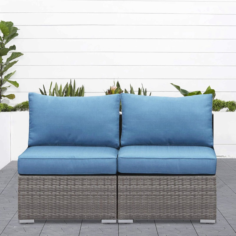 Ensemble de canapé d'extérieur sans accoudoirs en osier de 59,8 po de largeur, ensemble de causeuse de patio 2 pièces avec coussins bleus