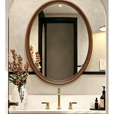 Oval Walnut Wood Wall Mirror Simple Thick Layered Frame Bathroom Vanity Mirror