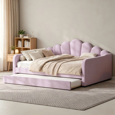 Structure de lit de jour rembourrée en velours pour grand lit avec dossier en forme de coquille (disponible avec un lit gigogne ou des tiroirs de rangement)