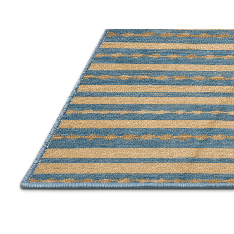 Washable Sky Blue Cream Striped Area Rug, Square 8'