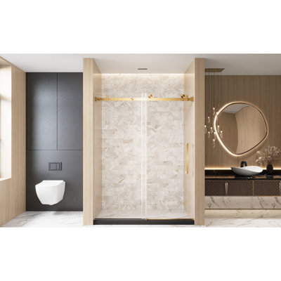 Porte de douche simple coulissante de l 56 à 60 po x H 76 po pour salle de bain, verre trempé transparent de 6 mm, film de preuve, rail carré en acier inoxydable, poignée en or brossé, roues de 4,8 cm, barrière d'eau inférieure