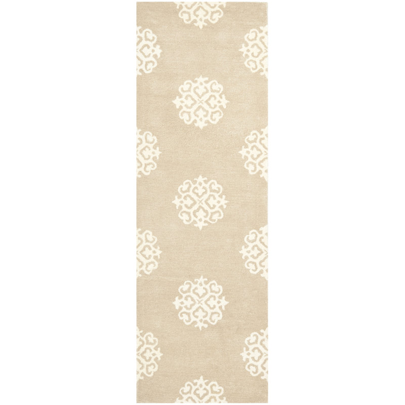 Damask Handmade Tufted Beige/Ivory Area Rug, Runner 2'6" x 12'