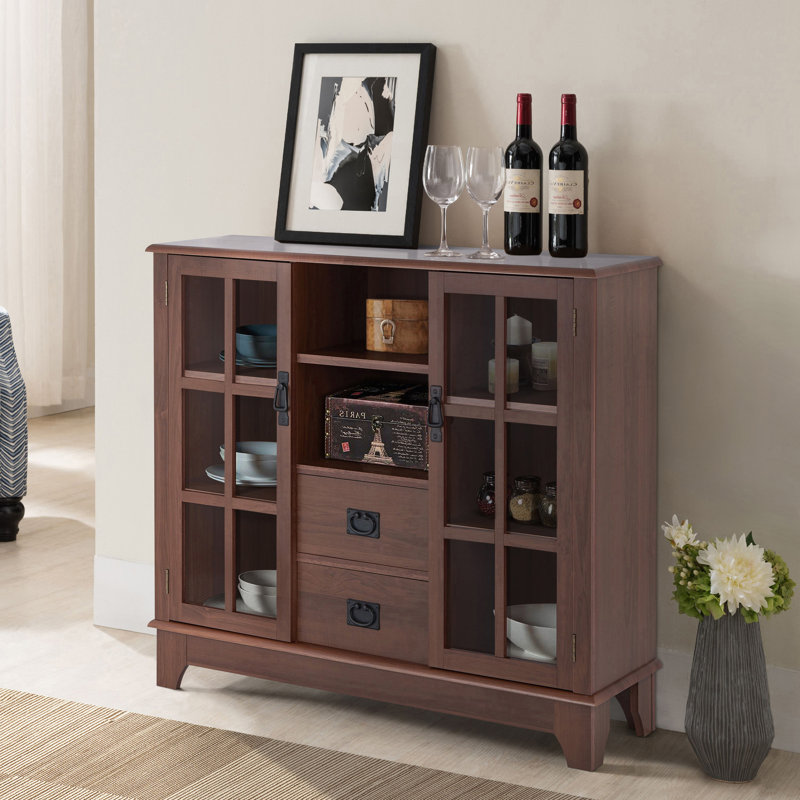 Élégante armoire en noyer avec portes en verre, 2 tiroirs et un grand espace de rangement, Brun