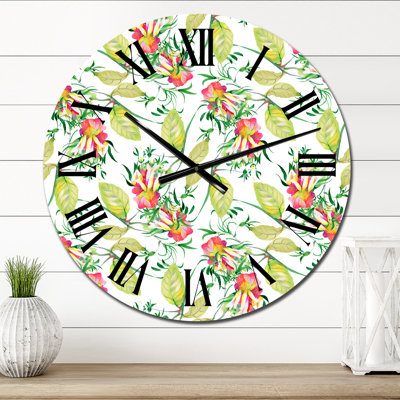 Red Flowers With Green Leaves - Patterned Wall Clock