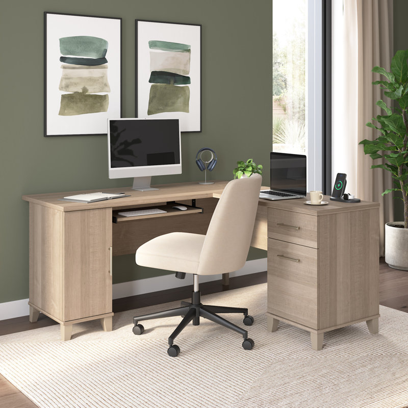 Paelynn 60” L-Shaped Desk with Storage and Drawers, Corner Computer Office Desk, Modern Wood, Ash Gray, Ash Gray