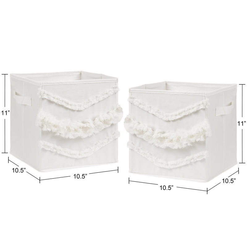 Ivory Boho Fringe Foldable Fabric Storage Cubes Set of 2