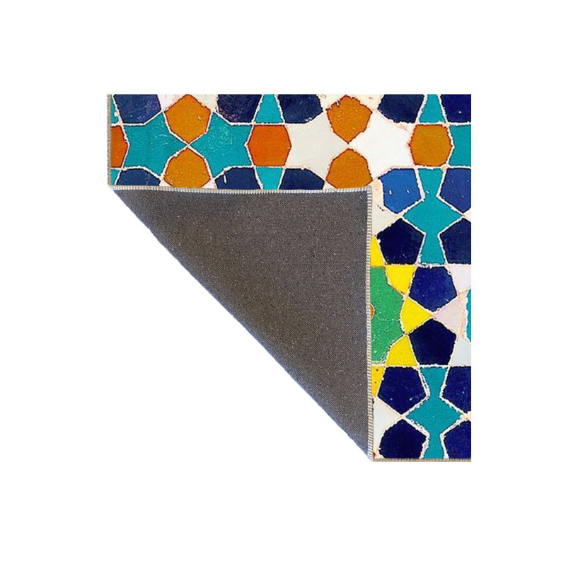 Tapis bleu délavé à motif géométrique mixte, Carré 3 pi 3 po 