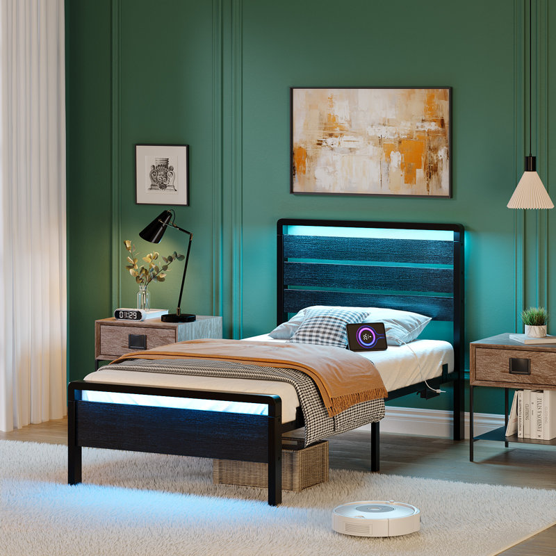 Twin Size Black Bed Frame With Led Light And Charging Station, Metal Platform Bed With Wood Headboard, Twin, Black