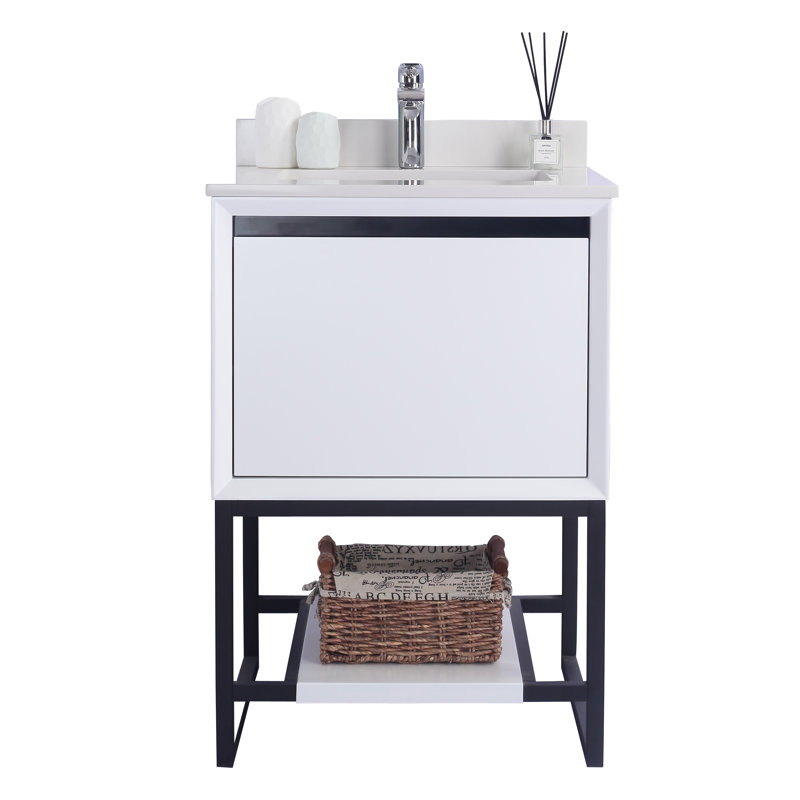 Ensemble de meuble-lavabo de salle de bain simple monté à deux pouces 24 po Riey, Quartz blanc, Blanc
