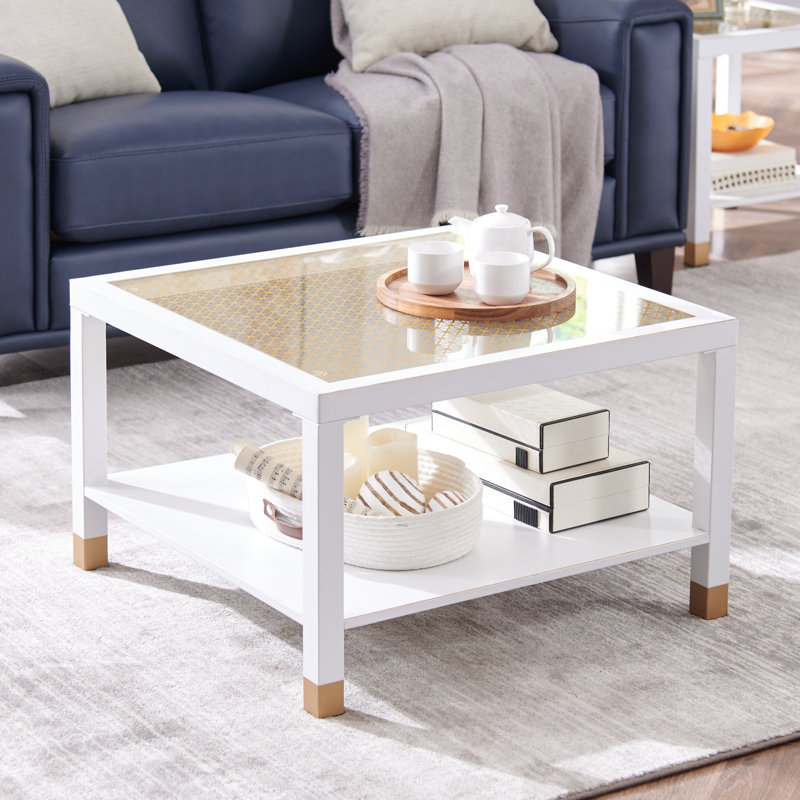 Table basse en verre avec rangement, Blanc