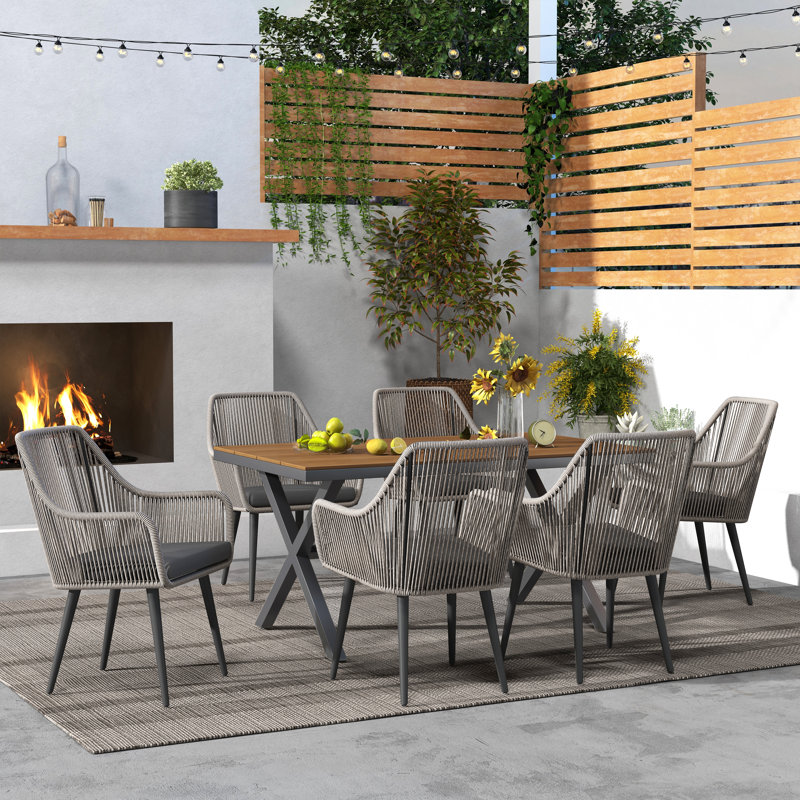 Ensemble repas d'extérieur rectangulaire avec coussins 6 personnes Sikata, Structure gris clair / coussin gris