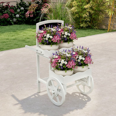 Chariot de jardin, étagère à plantes en bois avec roulettes pour présenter des fleurs, idéal pour la terrasse, les mariages et la décoration intérieure.
