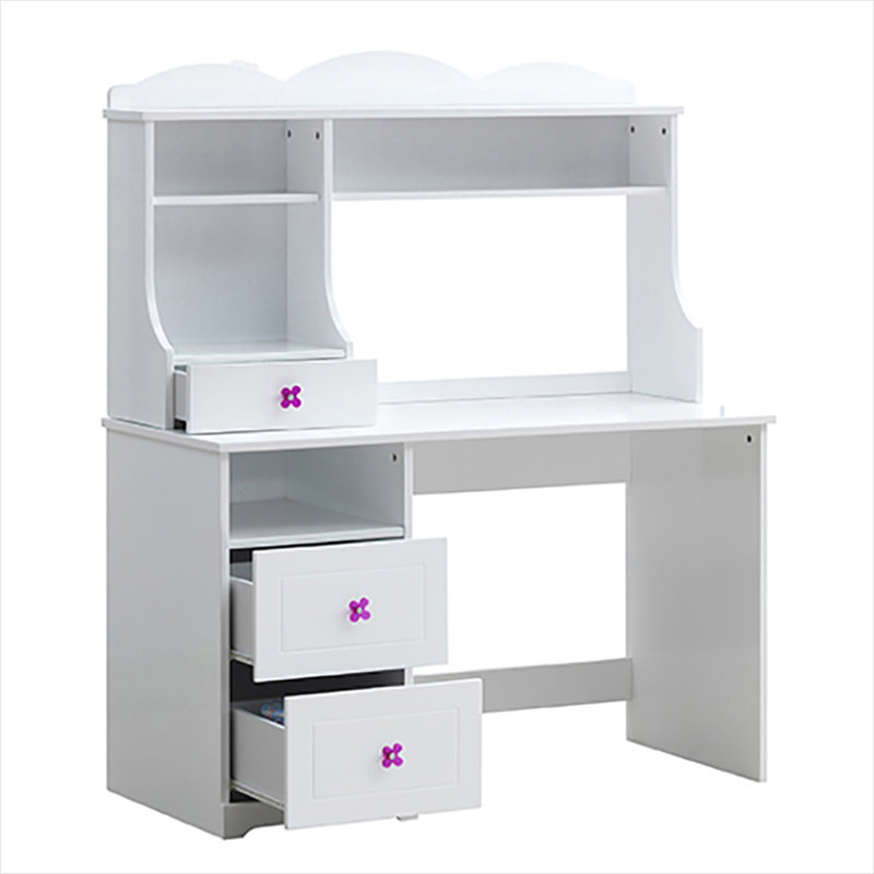 Charmant bureau d'écriture aux tons blancs avec tiroirs, base luge et poignée florale romantique