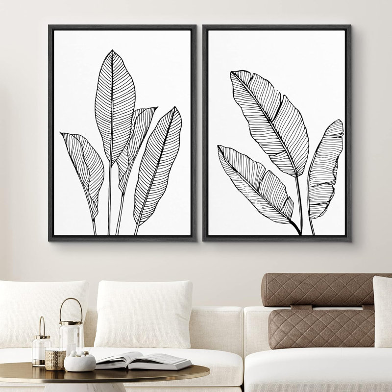 Feuille de bananier, dessin au trait, plantes, illustrations florales, art moderne, panoramique, noir et blanc