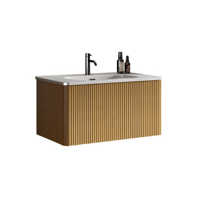30" Bathroom Vanity - Stylish Natural Oak Stripes With White Ceramic Sink Wall Mounted Floating Curved Lines Open Drawer Striped Finish & Edges Simple Push
