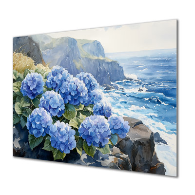 Hydrangeas By The Seaside Cliff I - Traditional Metal Art Print, Hydrangea Metal Wall Decor