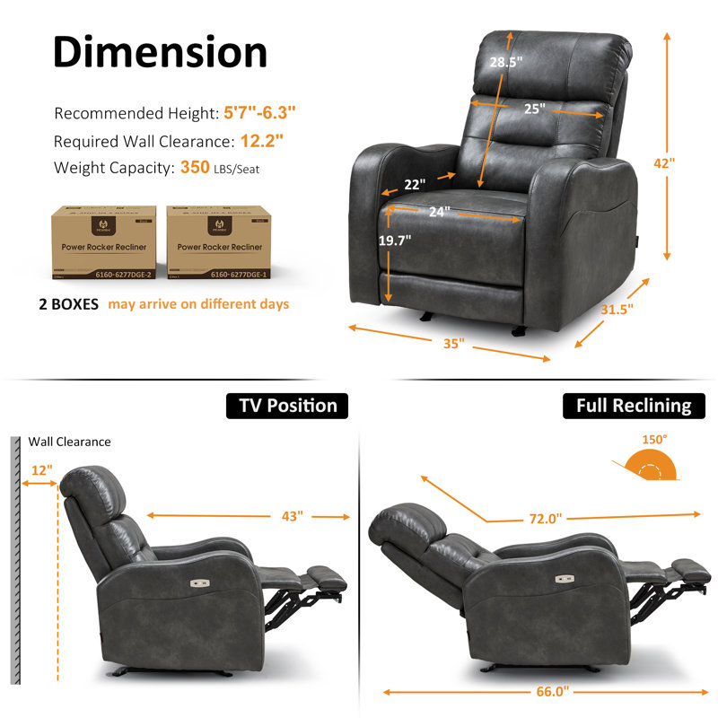 Triple Motor Rocker Power Recliner with Power Headrest & Extended Footrest, Infinite Position, Faux Leather, Dark Gray