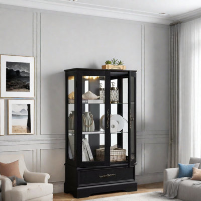 Vitrine lumineuse en verre avec tablettes réglables, 1 tiroir et lumière DEL