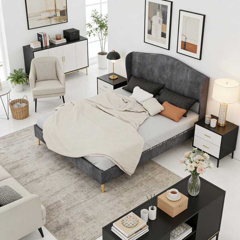 Lit rembourré avec structure robuste, pour chambre à coucher principale, Gris, Grand lit