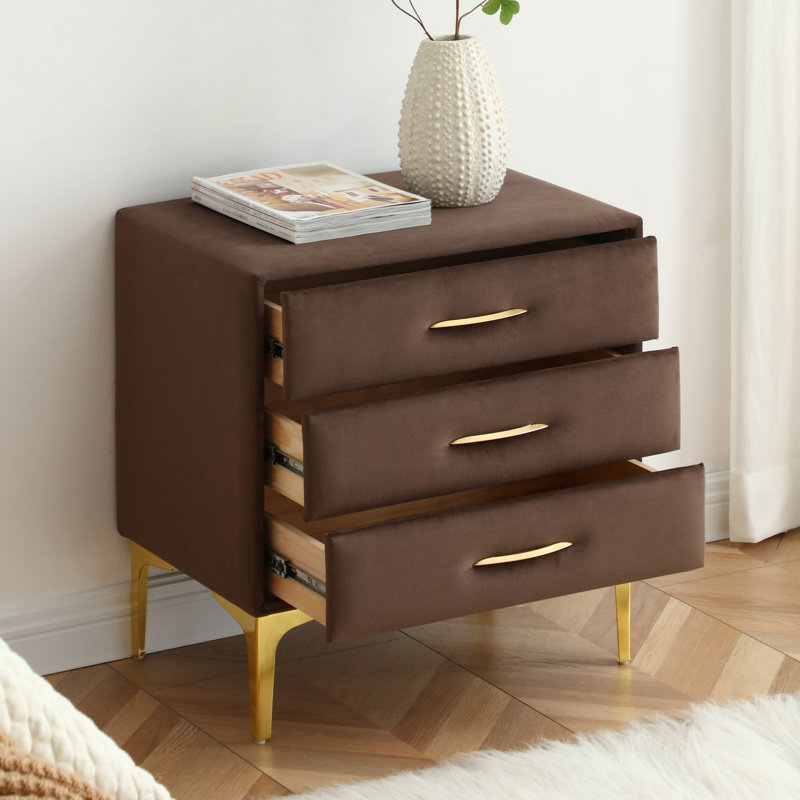 Elegant Velvet Upholstered Nightstand With Gold Legs, Dark Brown Velvet