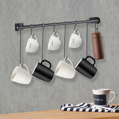 Coffee Mug Rack Wall Mounted Modern Hanging Tea Cup Holder Metal 15.7 Inch Rail With 8 Utensil Hooks Rustic Storage Hanger For Cafe Bar Dining Corner Nook Matte Black
