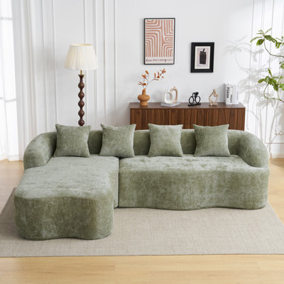 Canapé modulaire en L à compression complète avec méridienne incurvée, canapé en chenille vert modulaire, haute densité pour le salon en appartement