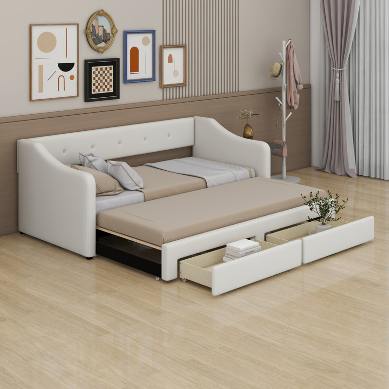 Lit de jour rembourré avec tiroirs, Beige